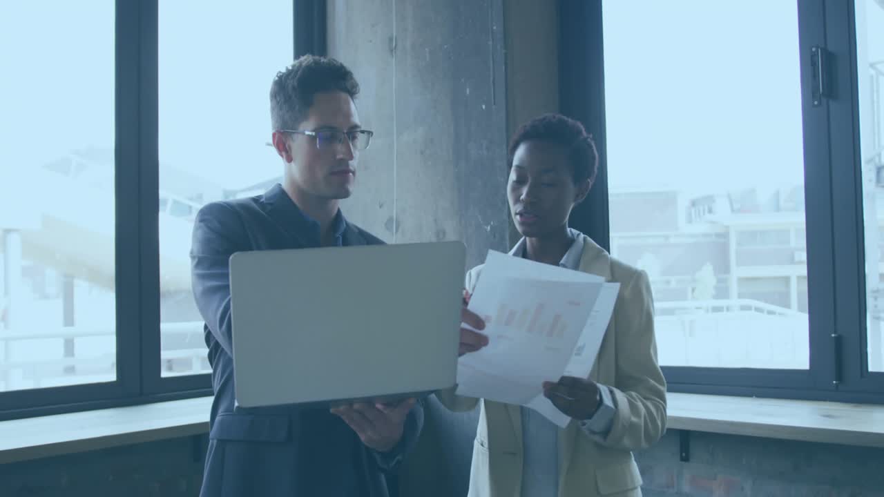 Animation of data processing over diverse business people in office