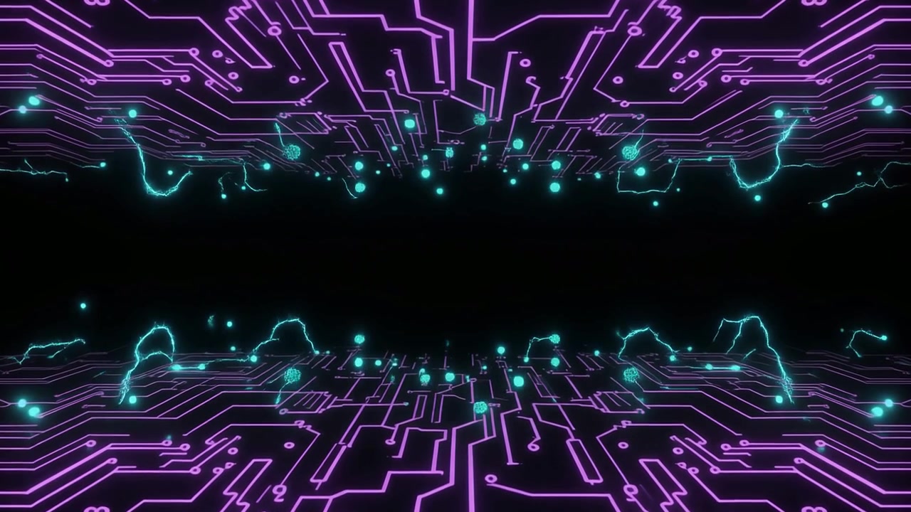 Abstract Digital Circuit Board with Glowing Data Flow and Electric Pulses