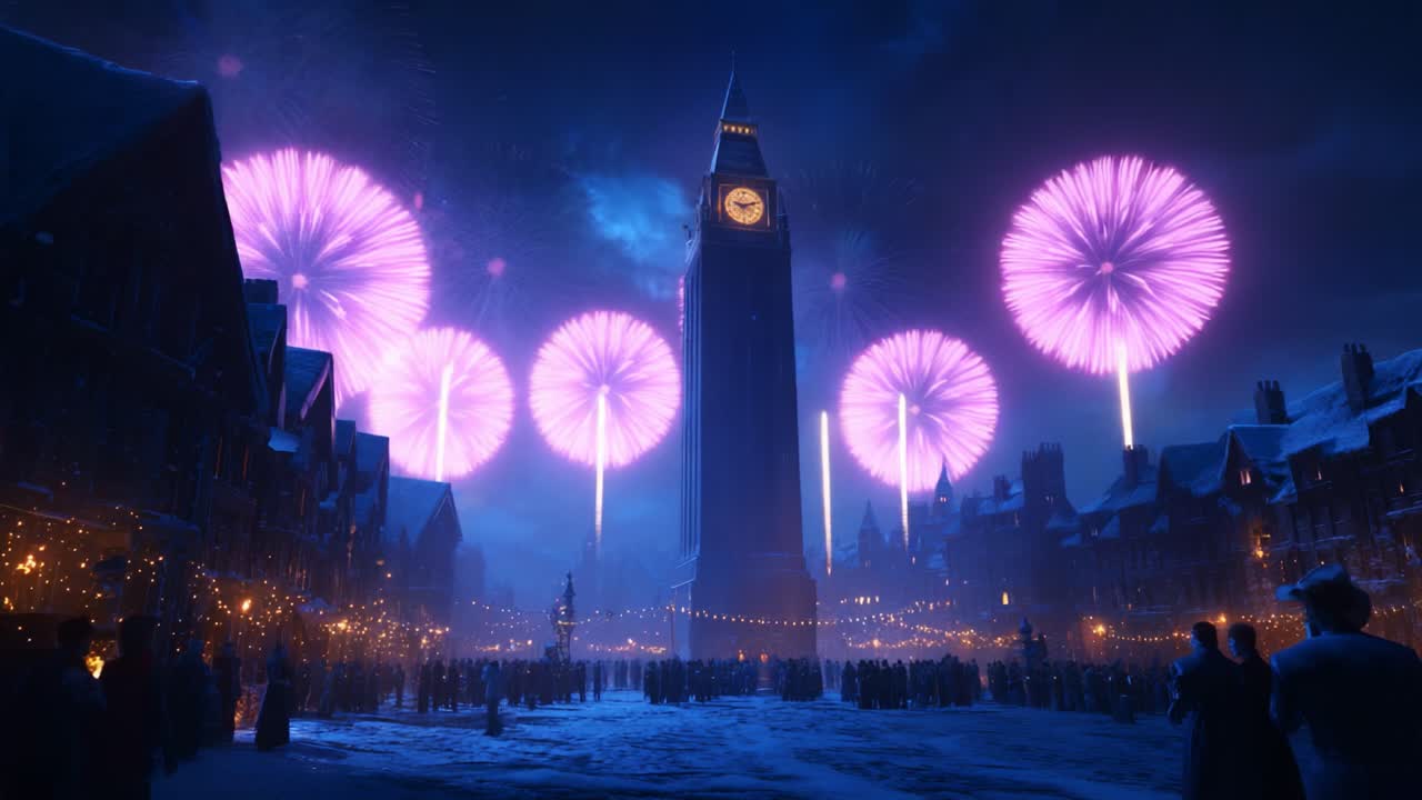 A Magical Night Overlooking the Historic Clock Tower with Spectacular Fireworks Exploding in a Vibrant Display of Colors, Transforming the Winter Sky into a Dazzling Celebration of Light and Joy