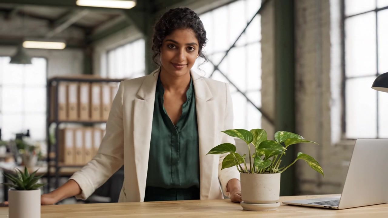 Una mujer profesional segura cuidando plantas de interior en un entorno de oficina moderno, equilibrando la naturaleza y los ambientes de trabajo con estilo y gracia.