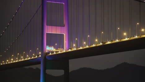 tsing ma bridge hong kong in night with illuminating lights and traffic closeup