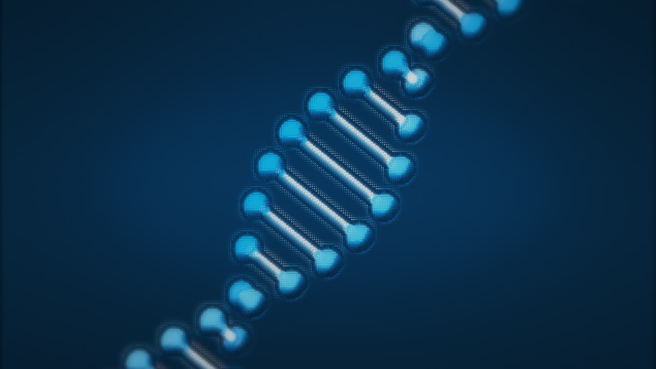 animación de una hebra de adn de doble hélice pixelada digital en 3d azul y blanco girando sobre un fondo azul