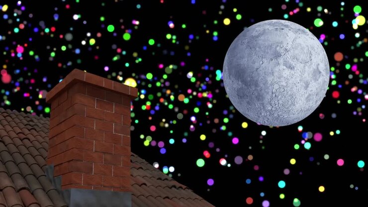 Animazione di un paesaggio natalizio invernale con camino, neve che cade e luna