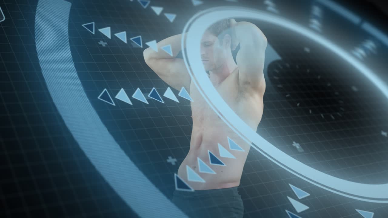 Fitness model holding pose, elements appearing, ring rotating, sweeping torso for body scan