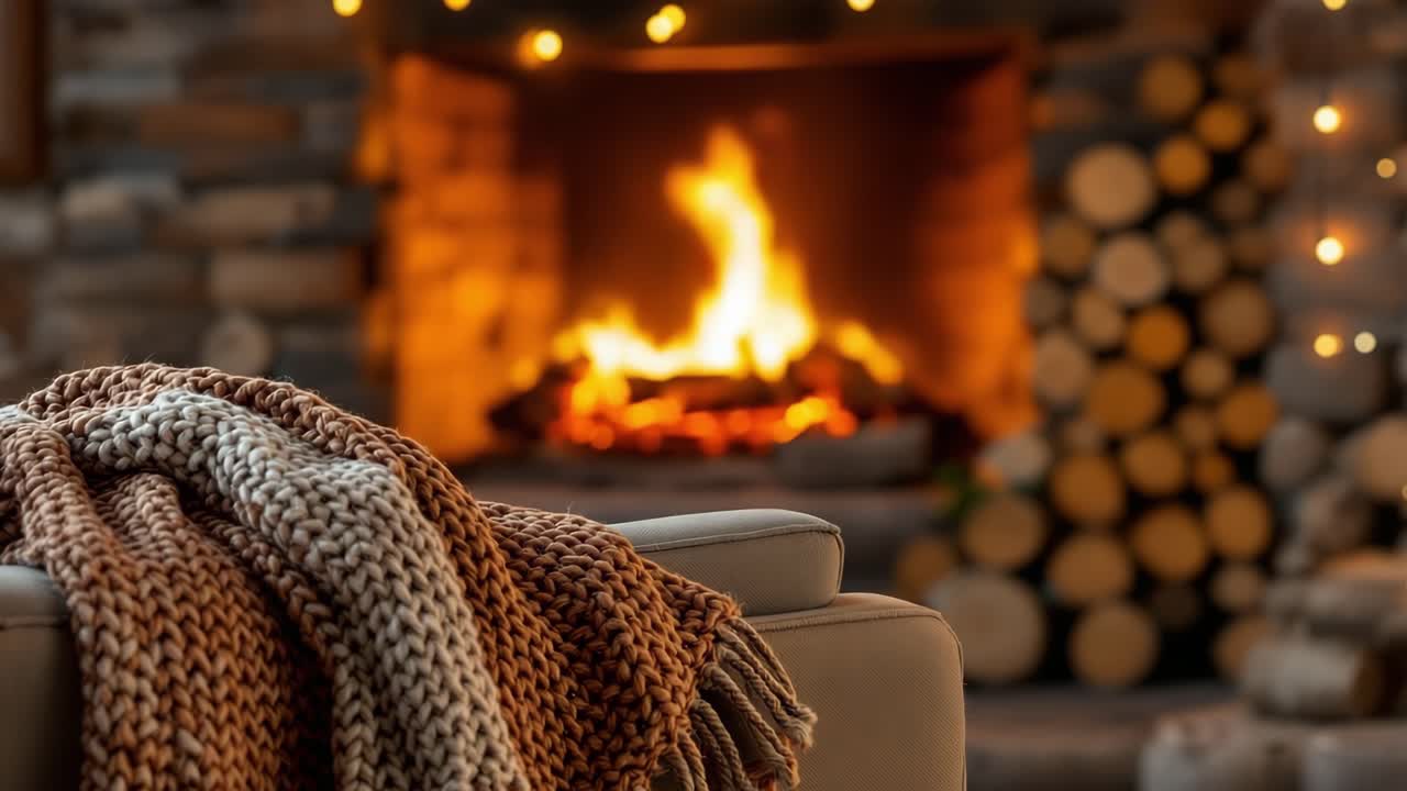Cozy knitted blanket draped over a modern sofa, with a warm fireplace glowing in the background, creating a serene and inviting atmosphere for relaxation