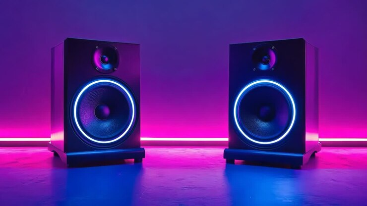 Una coppia di altoparlanti seduti in cima a un tavolo