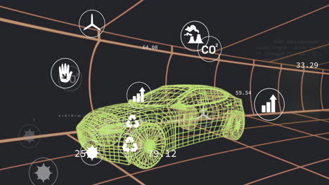 animación de múltiples iconos digitales sobre un modelo de coche 3d que se mueve en un patrón sin fisuras en un túnel