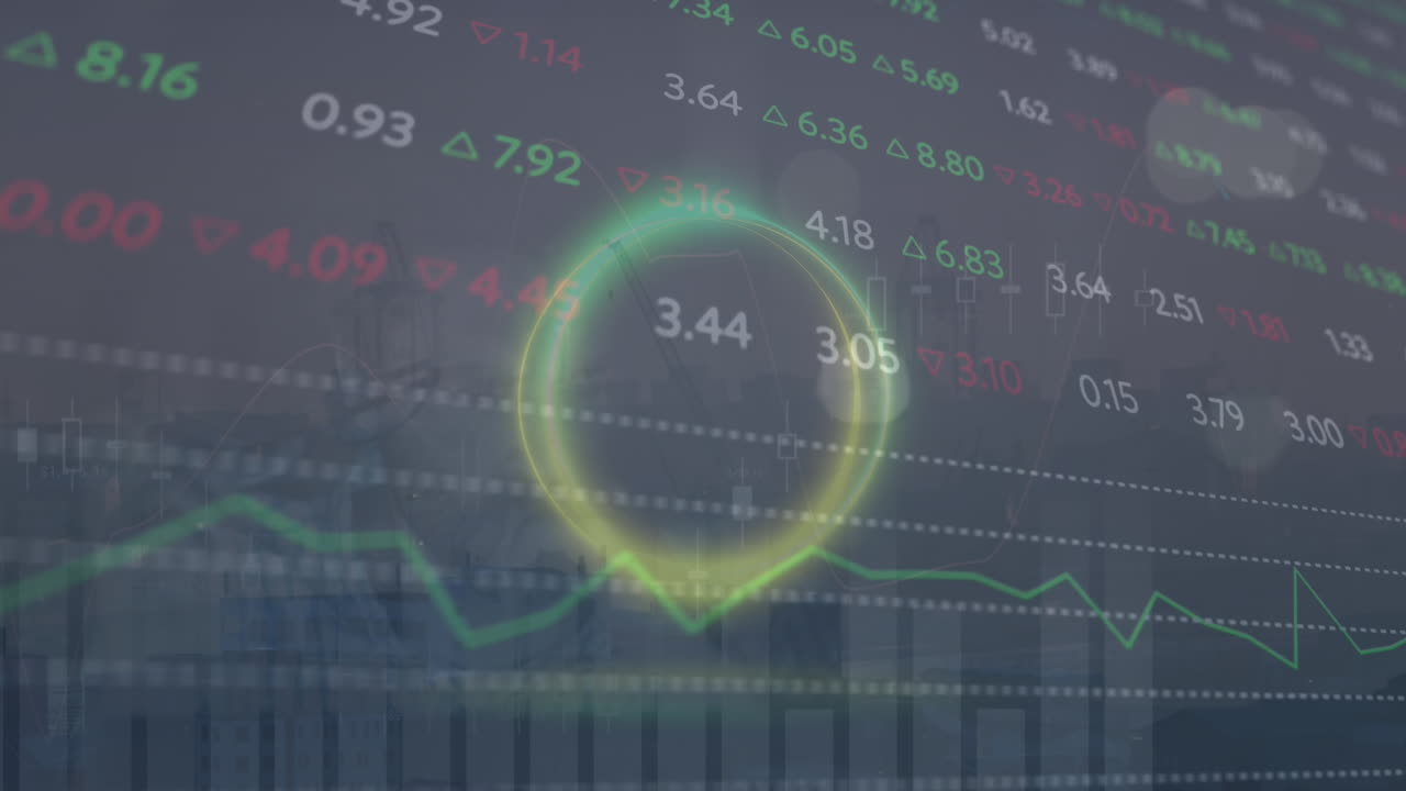 서클의 애니메이션, 다중 그래프 및 상거래 보드 상의 현대 도시를 상대로 하늘