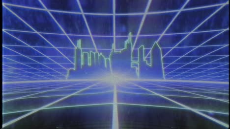 Retro-80s-VHS-tape-video-game-intro-landscape-vector-arcade-wireframe-city-4k