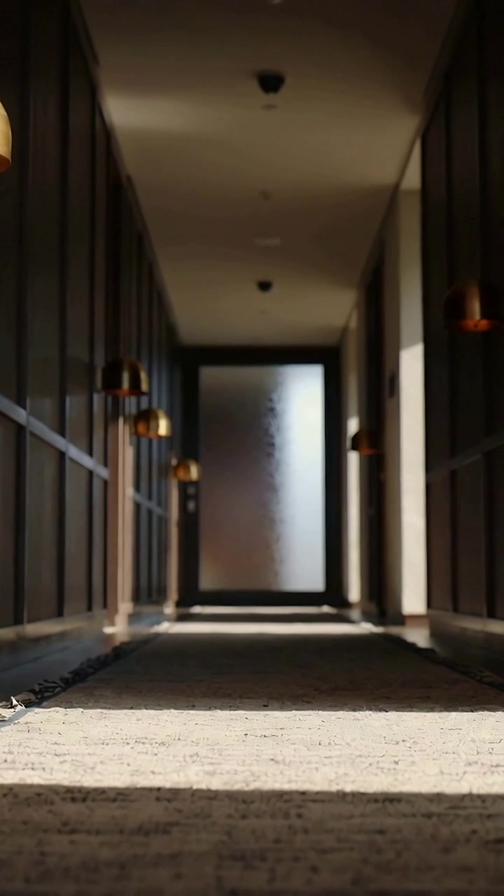 Dikey video: Otel koridorunda ilerleyen kamera, buzlu cam kapıyı gösteriyor.