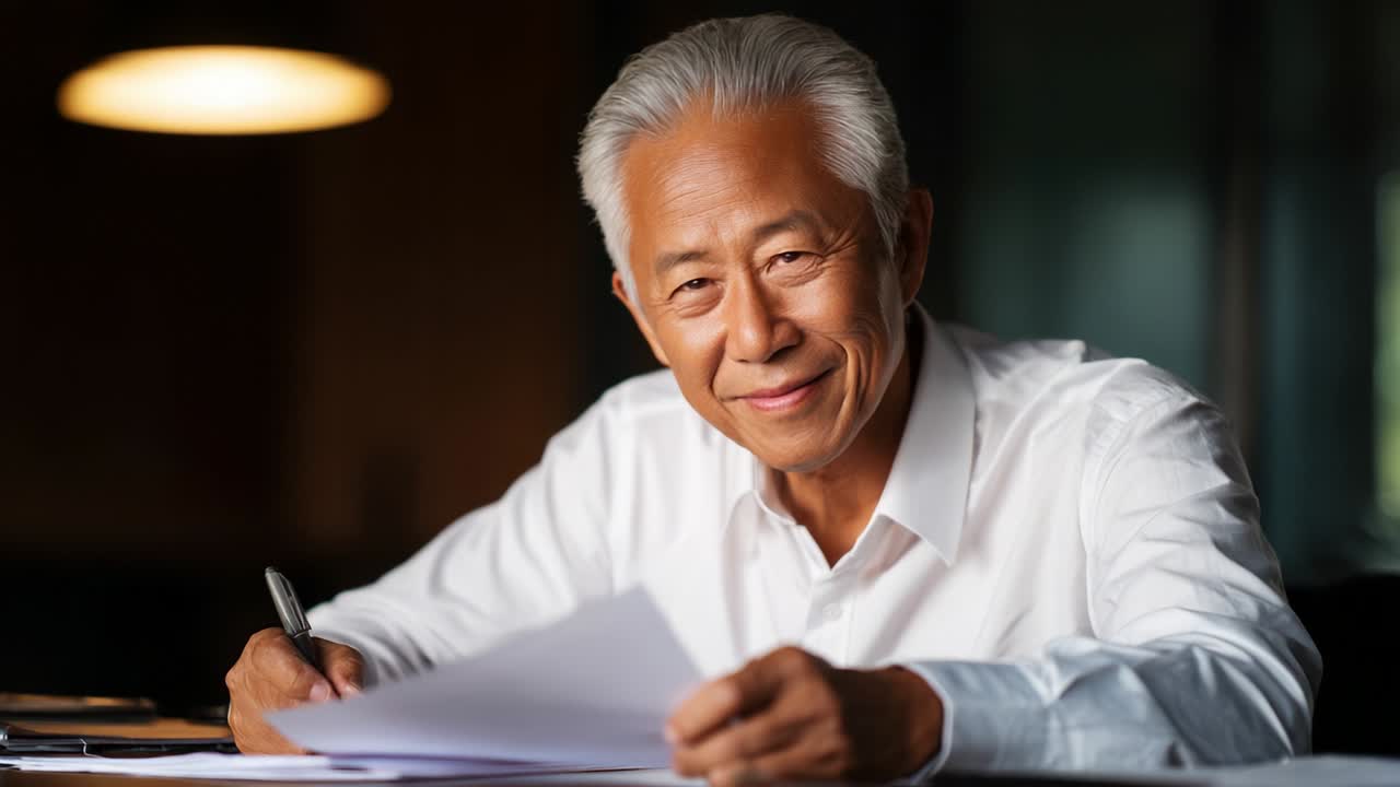 A poised older gentleman smiling confidently while reviewing paperwork at a desk, exuding wisdom and experience in a warmly lit environment that enhances the thoughtful atmosphere of the scene