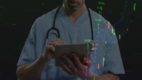 financial data processing against mid section of male health worker using digital tablet