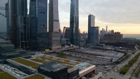 Aerial-view-of-the-West-Side-Yard-in-Midtown-Manhattan,-NYC---rising,-drone-shot