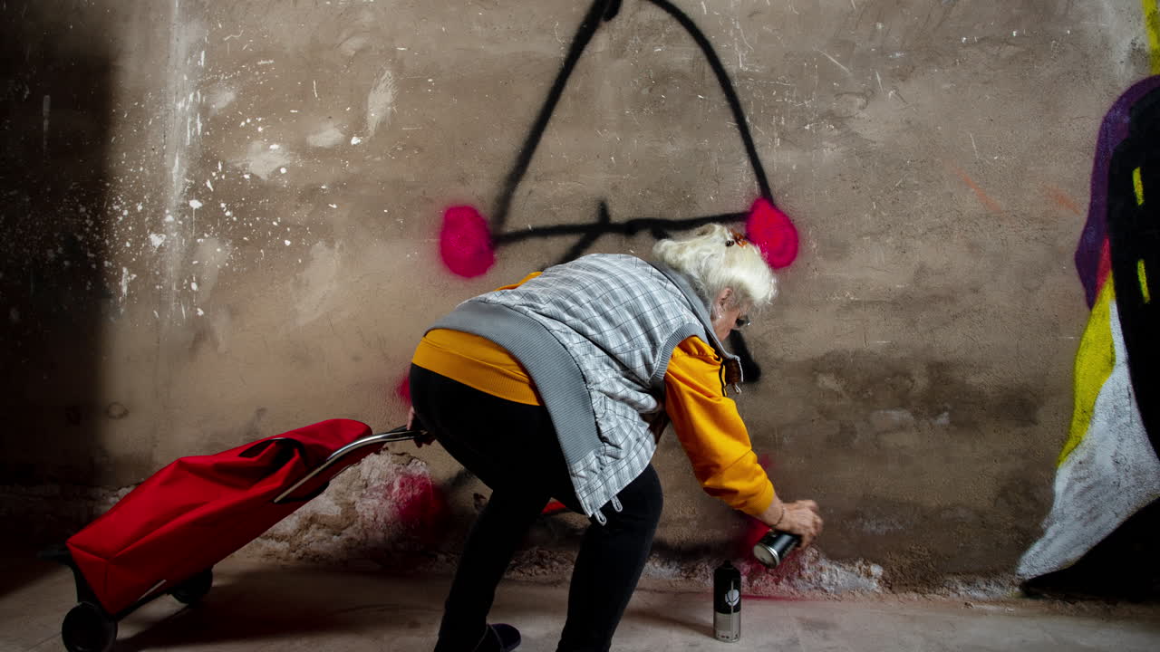 abuela rebelde artista de graffiti contra una pared urbana
