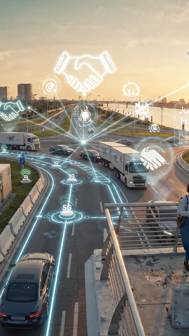 Vista aerea di un incrocio urbano al tramonto con il flusso del traffico e miglioramenti della tecnologia dei veicoli intelligenti su una strada trafficata accanto a un fiume.
