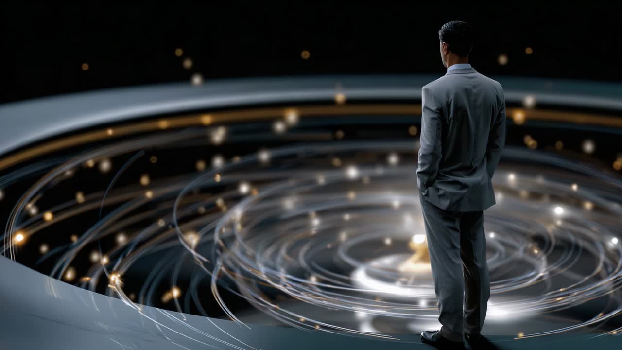 A man in a tailored suit stands on the edge of a futuristic platform gazing into a mesmerizing swirling galaxy of light, symbolizing exploration, wonder, and the vast possibilities of the universe ahead of him