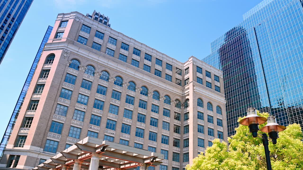 Gorgeous modern high-rises of Jersey, New Jersey, USA. Stunning architecture of the city from low-angle view