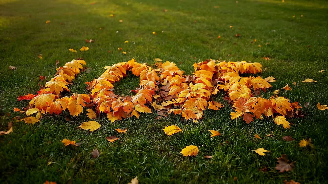 Caméra effectuant un travelling arrière pour révéler le mot « LOVE » formé de feuilles d’automne sur la pelouse d’un parc, montrant ainsi une vue plus large du parc