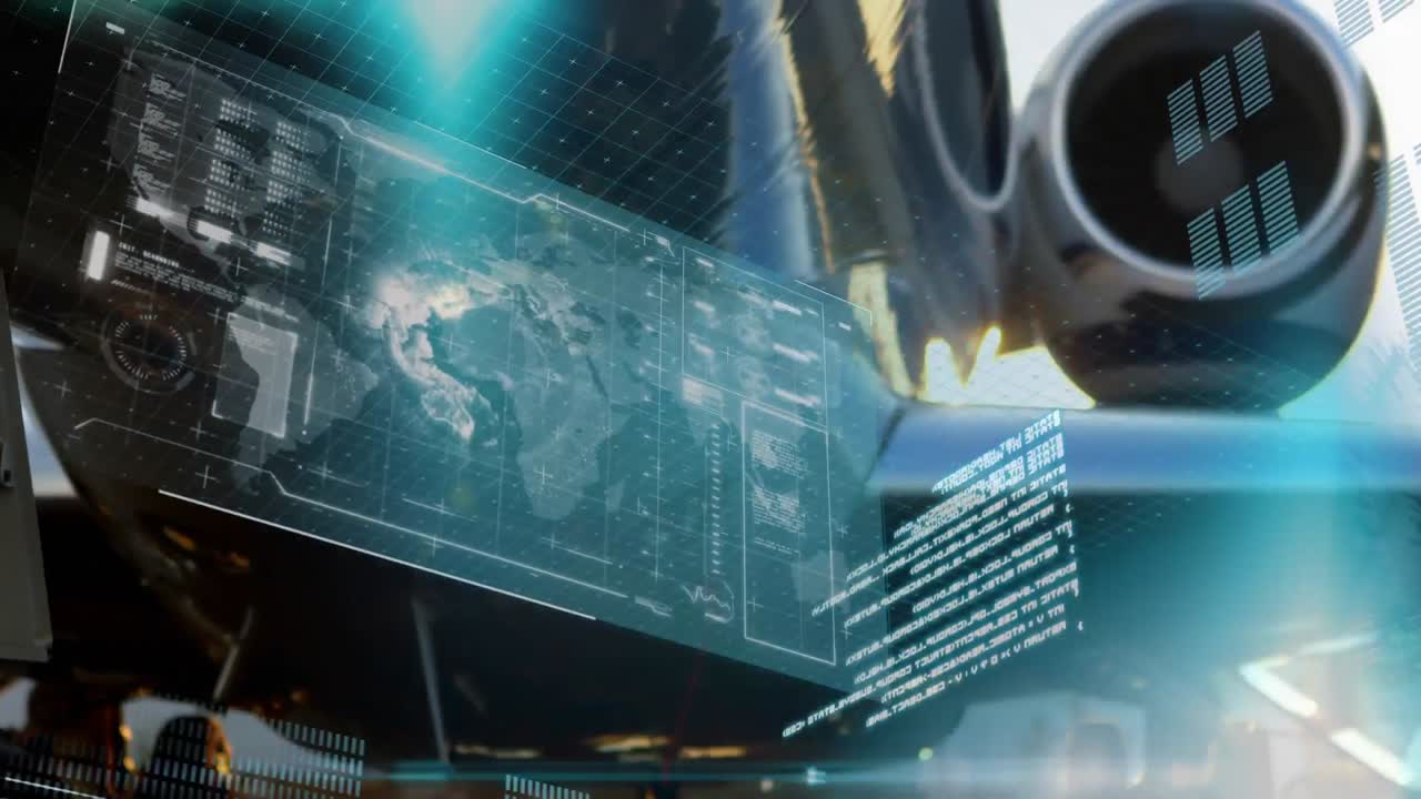 배경에서 비행기를 가진 연결의 글로벌 네트워크의 애니메이션