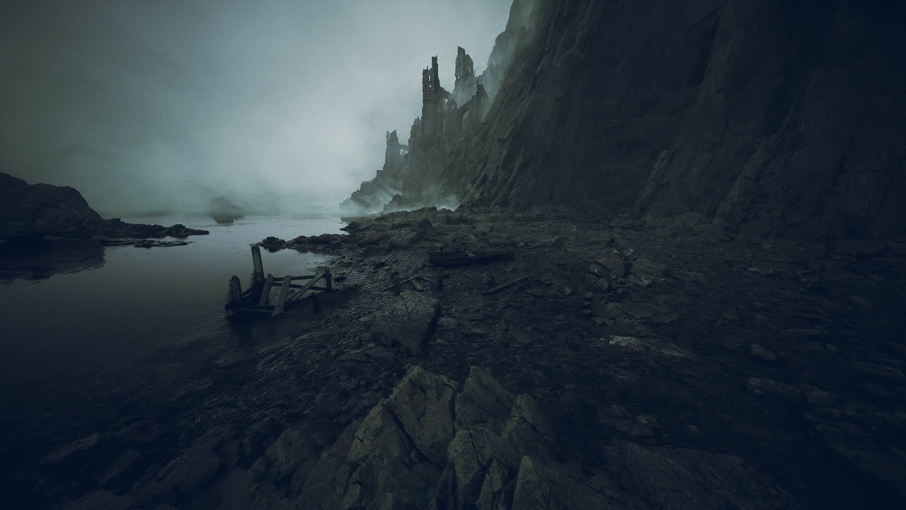 Mystical landscape with rocky shoreline and ancient ruins at twilight