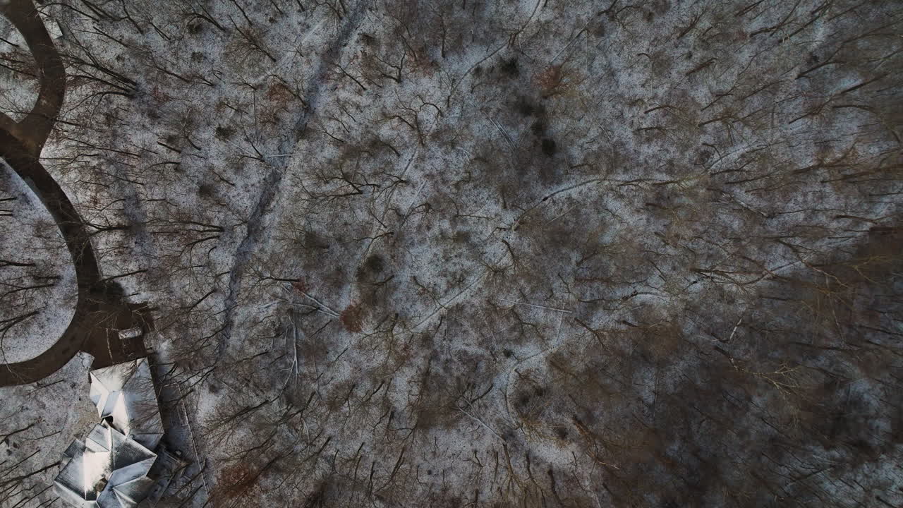 Monte Sequoyah, AR, che mostra una casa dal tetto bianco tra alberi invernali, vista aerea.