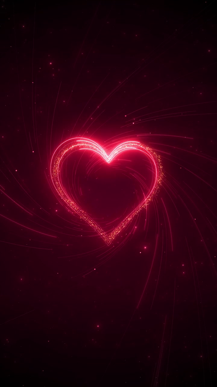 Estelas de corazón de San Valentín brillantes que forman una forma de amor rojo intenso con líneas arremolinadas y pequeños destellos.