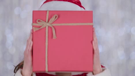 woman in santa claus costume with gift box