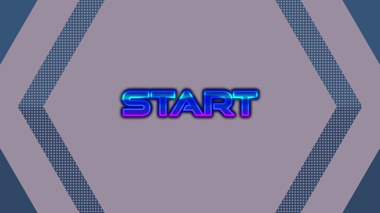 Animation of start text over moving geometrical shapes on dark background