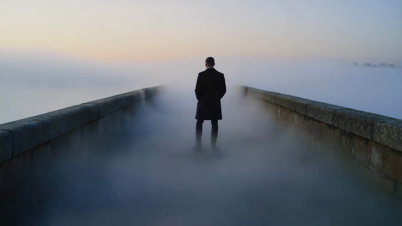 A solitary man stands on a bridge amidst the fog at dawn
