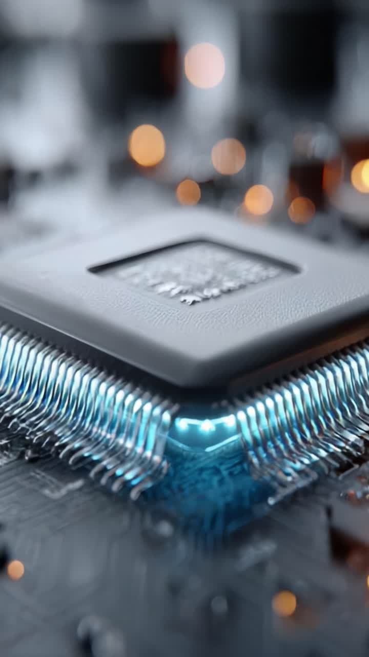 Close-Up of a Modern Microprocessor Chip Highlighting Its Intricate Design and Illuminating Features on a Circuit Board with Blurred Background Effect