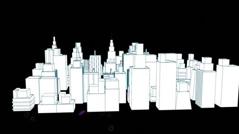 Animation-of-purple-stripes-over-3d-drawing-of-cityscape-on-black-background