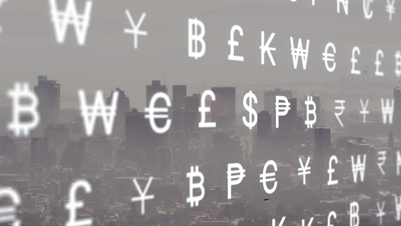 통화 기호의 애니메이션과 도시 풍경에 대한 금융 데이터 처리