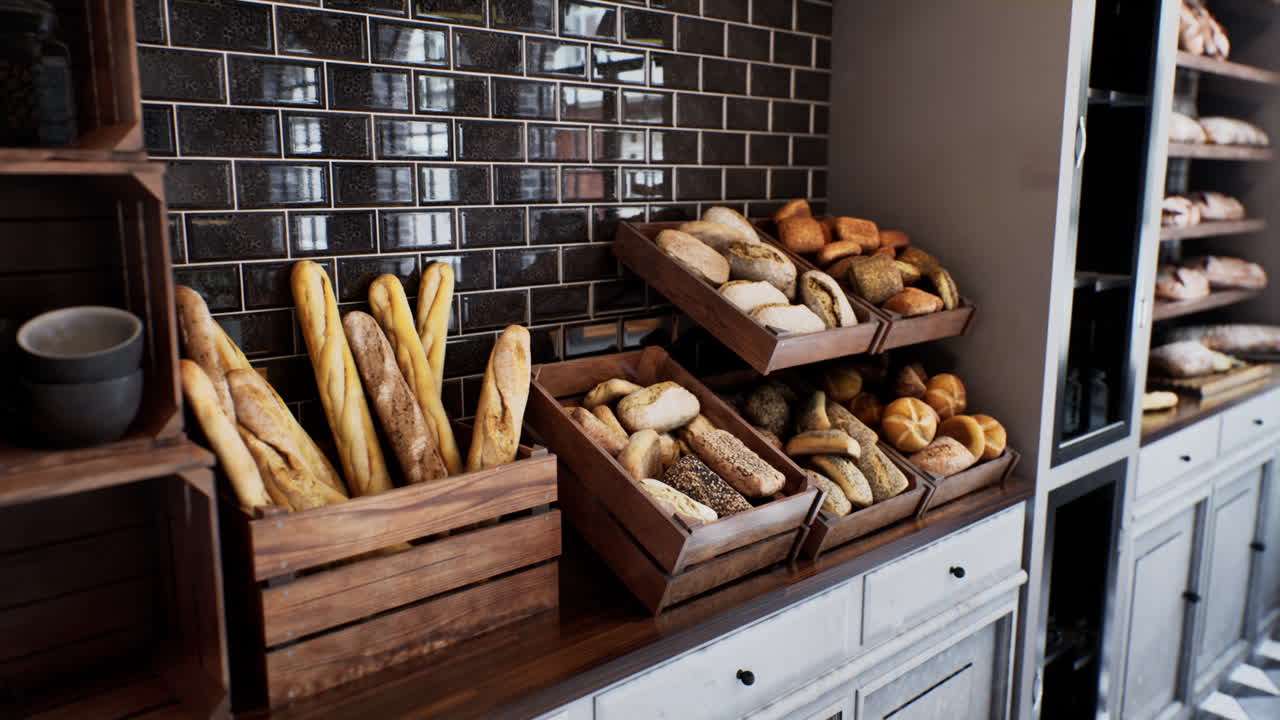Fresh bread on shelves in bakery