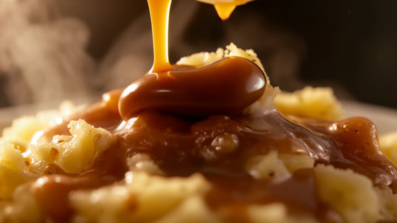 Tilting gravy boat releasing brown gravy topping mashed potatoes on kitchen plate with steam rising