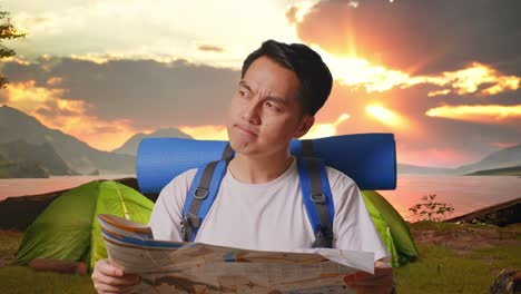 man reading map on a hiking trip at sunset