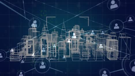 iconos de perfil y edificios virtuales en una ciudad