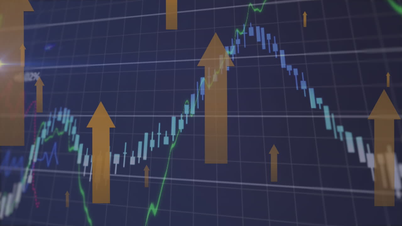 Animazione di elaborazione dati finanziari e icone a freccia che si muovono verso l'alto su sfondo blu