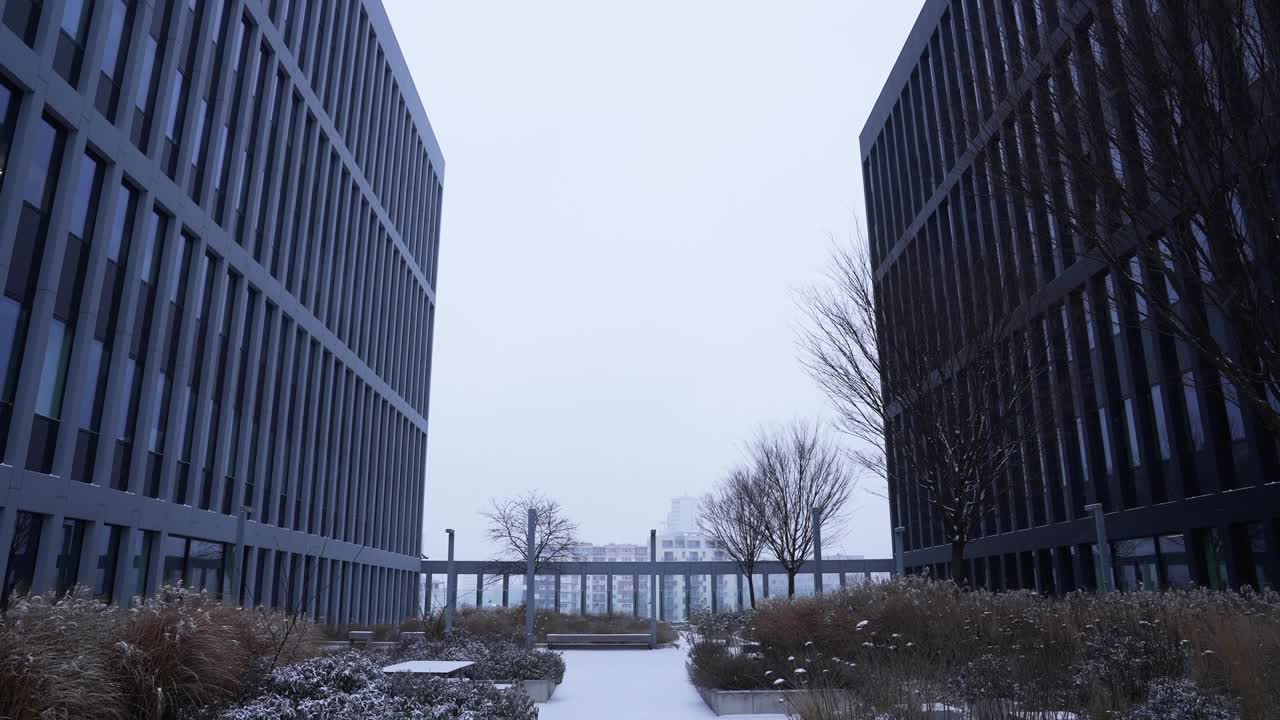 Nieve cayendo en una terraza entre dos edificios oscuros en la ciudad.