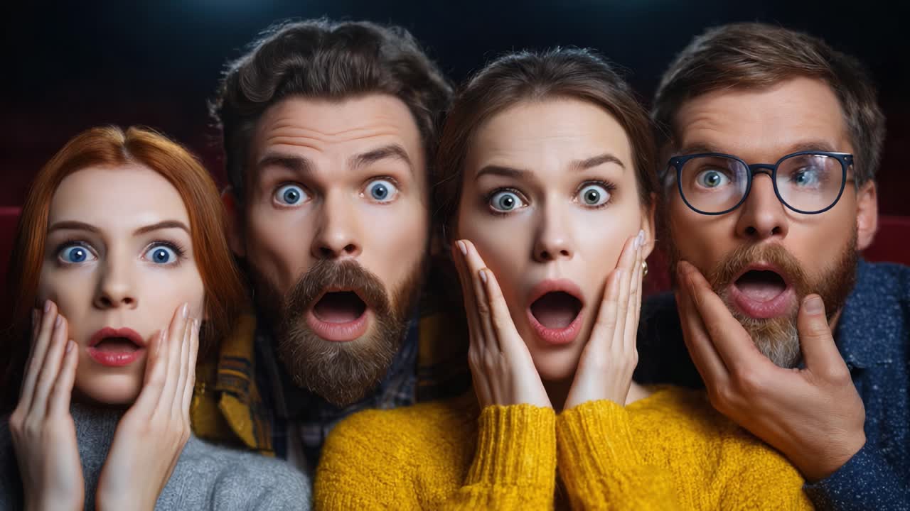 Astonished Group of Four Friends Expressing Surprise and Shock in the Cinema with Open Mouths and Wide Eyes, Captured in a Dramatic Moment