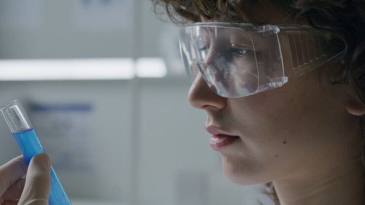 Cientista Enchendo Tubo de Ensaio com Líquido Azul e Examinando-o em Laboratório