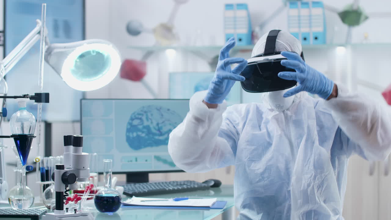 Scientist Using VR Headset in Laboratory