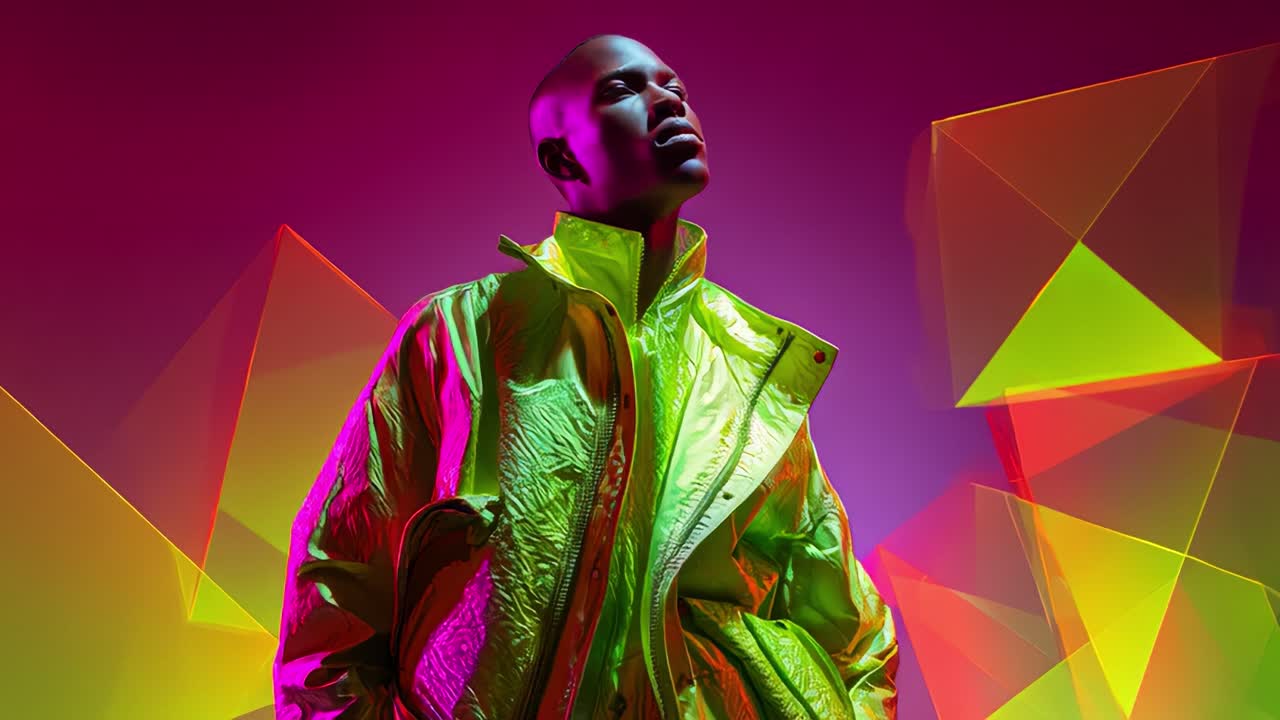 A striking visual display featuring a model in an eye-catching neon metallic jacket, standing against a vibrant backdrop of colorful geometric shapes that create a sense of depth and artistic flair