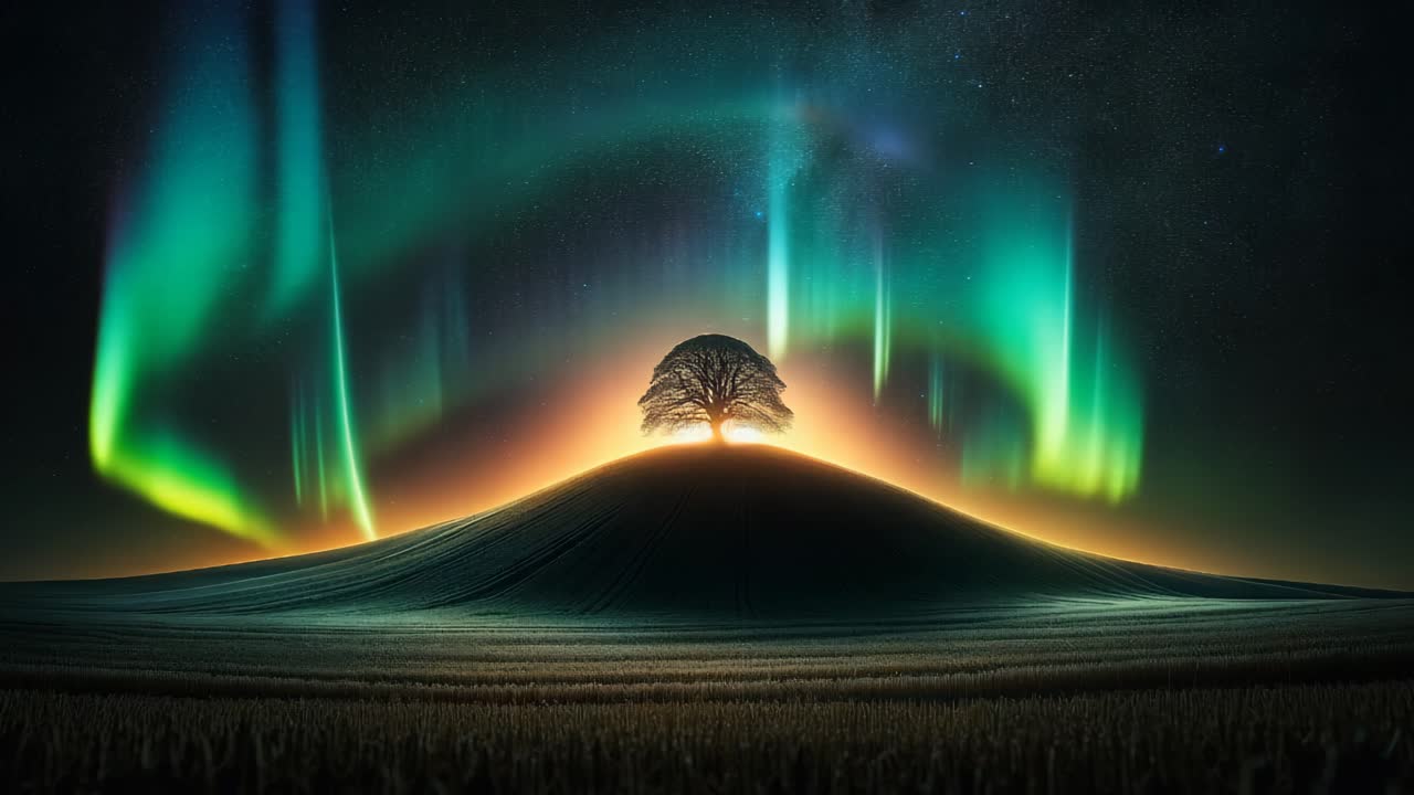 Mystical Tree on a Hill Under Aurora Borealis