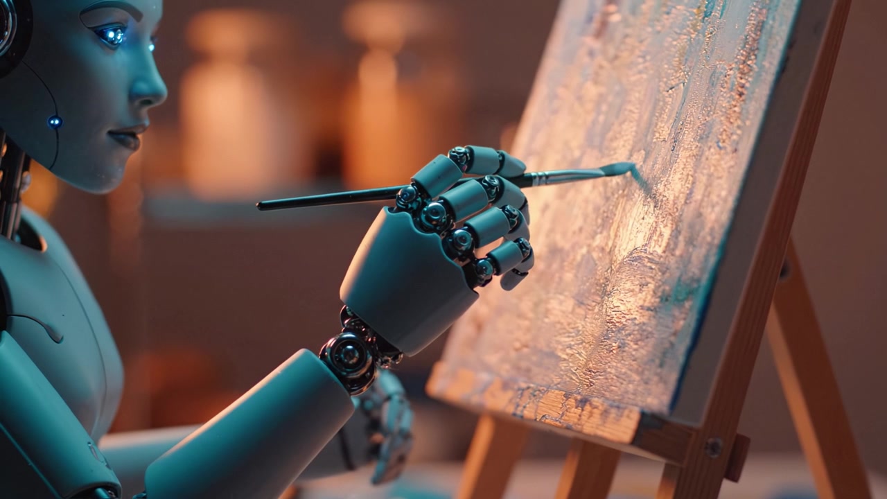A futuristic scene depicts a robot skillfully painting on canvas, showcasing a blend of technology and artistry in a beautifully lit creative environment.