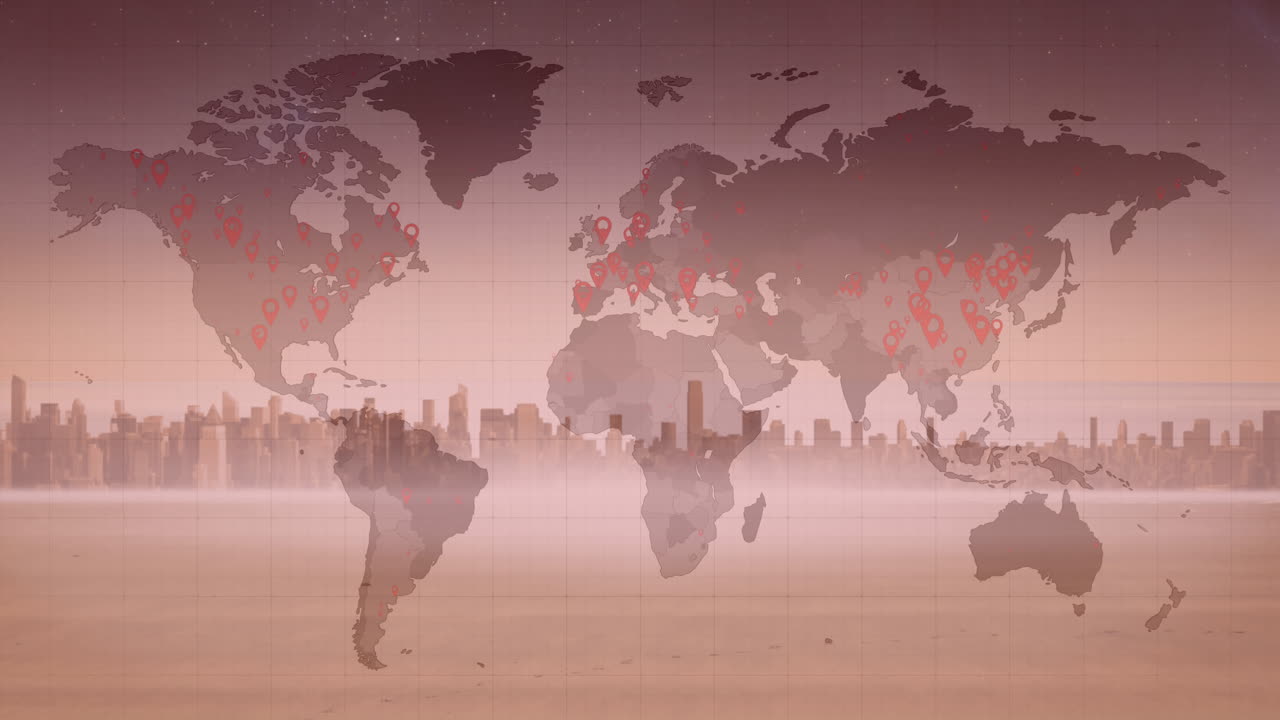 핑크색 배경에 도시 풍경 위의 코로나19 팬데 위치와 함께 세계 지도의 애니메이션