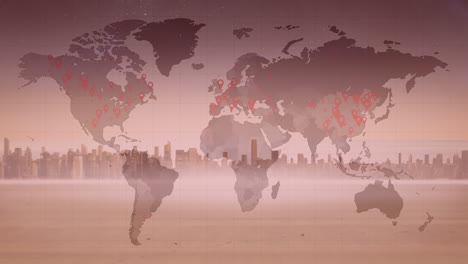 animation of world map with covid 19 pandemic locations over cityscape on pink background