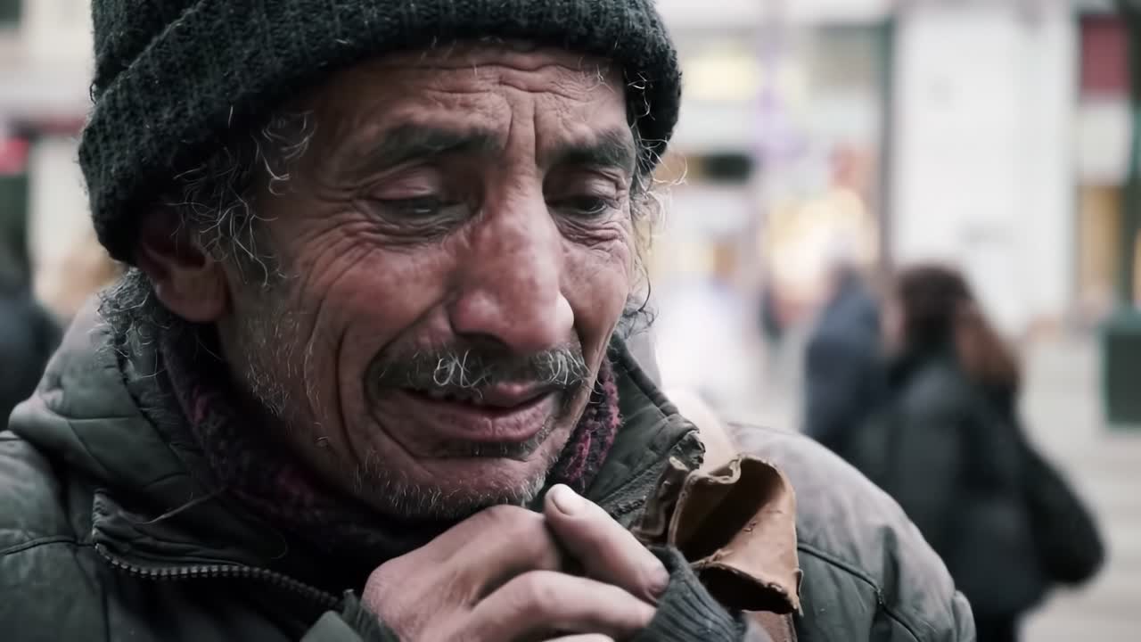 On a busy city street, a homeless man shares his heartfelt story while expressing deep emotions. Passersby react to his struggles and experiences, showcasing the realities of life on the streets.