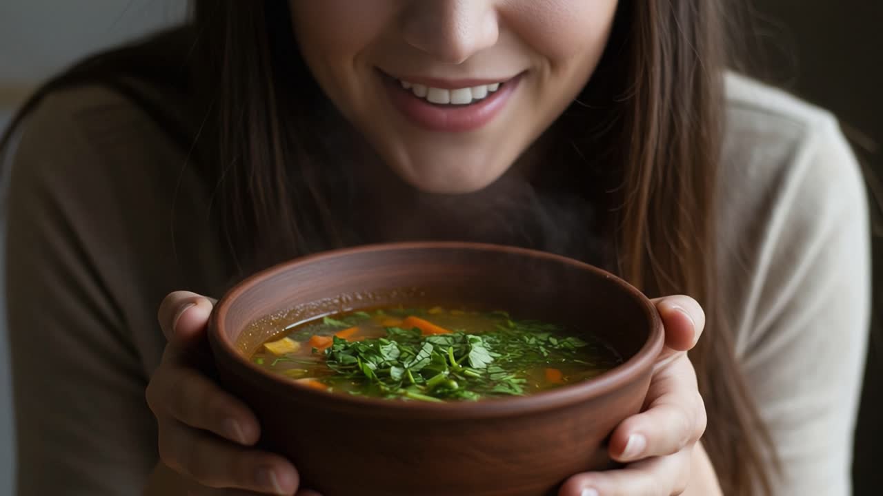 A Joyful Moment of Culinary Delight: A Woman Relishes a Warm, Flavorful Bowl of Soup, Emitting Aromatic Steam and Topped with Fresh Greens