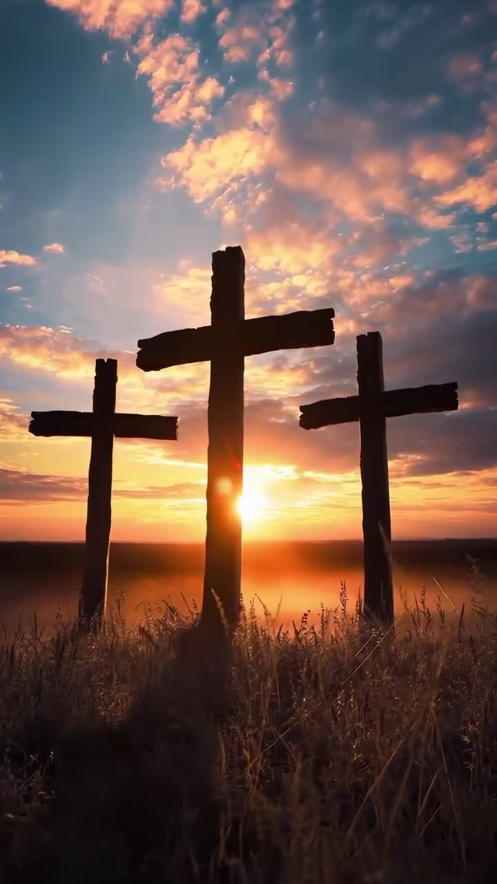 Video drammatico con inquadratura dal basso di tre croci in silhouette contro un vibrante cielo al tramonto.