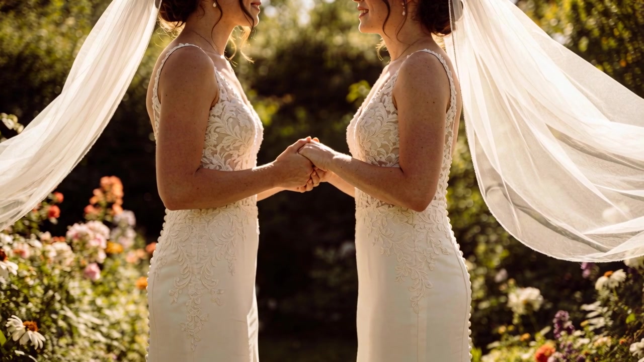 Una leggera brezza solleva i veli, due spose si tengono per mano a un matrimonio in giardino, indossando abiti bianchi di pizzo.